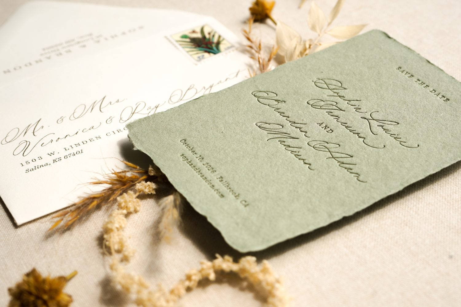 letterpress save the date card on sage green handmade paper