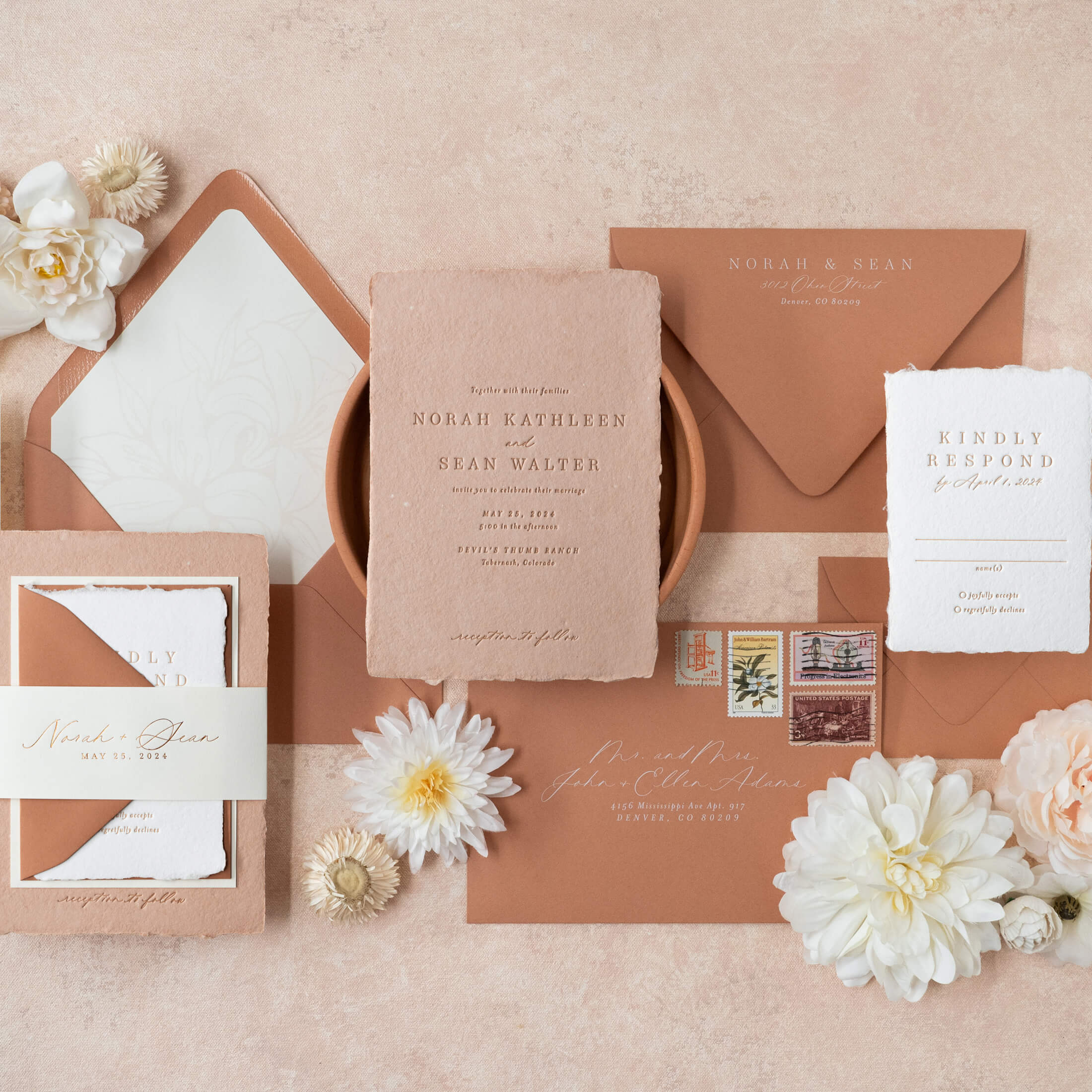 warm terracotta wedding invitations with letterpress printing