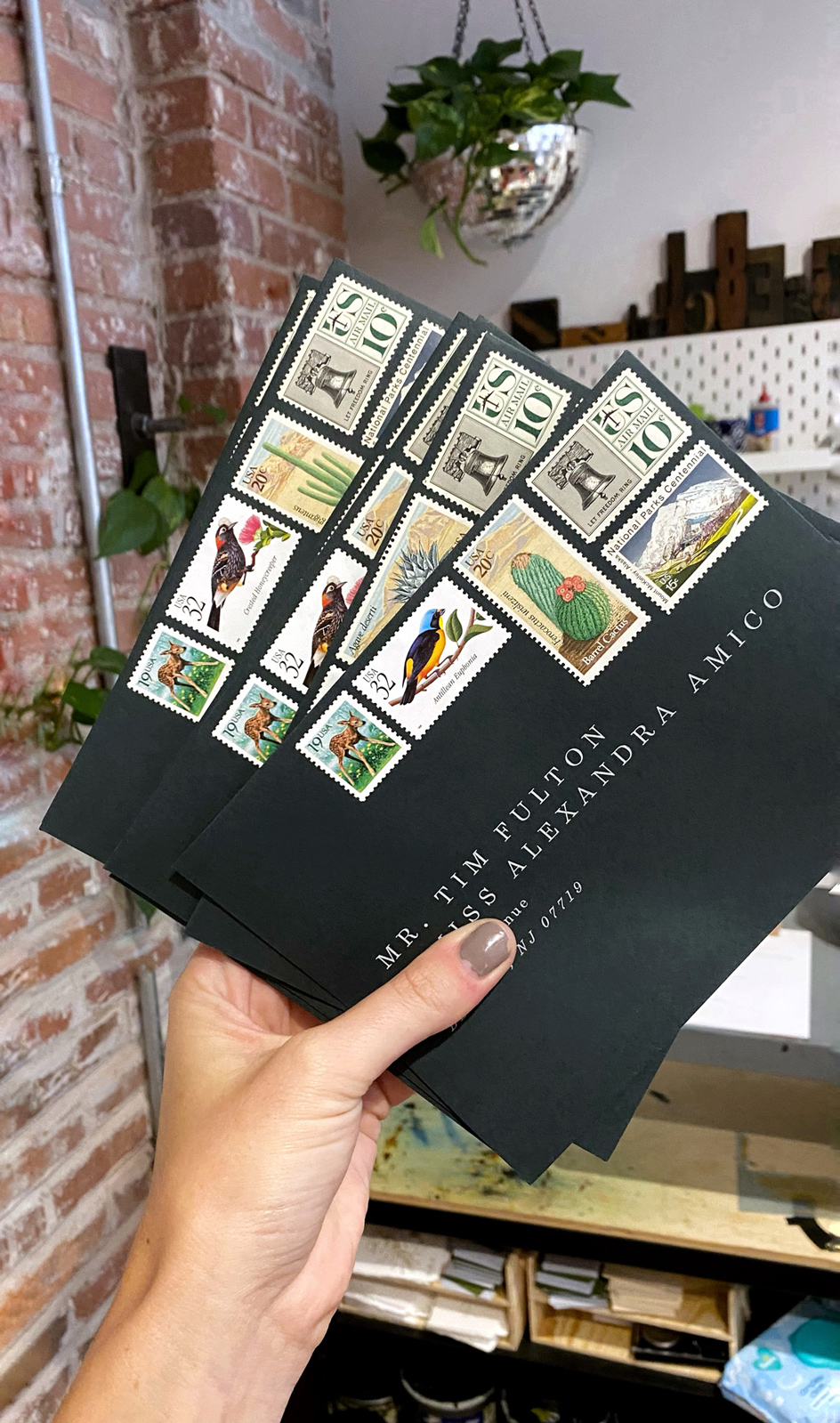 vintage stamps on wedding envelopes