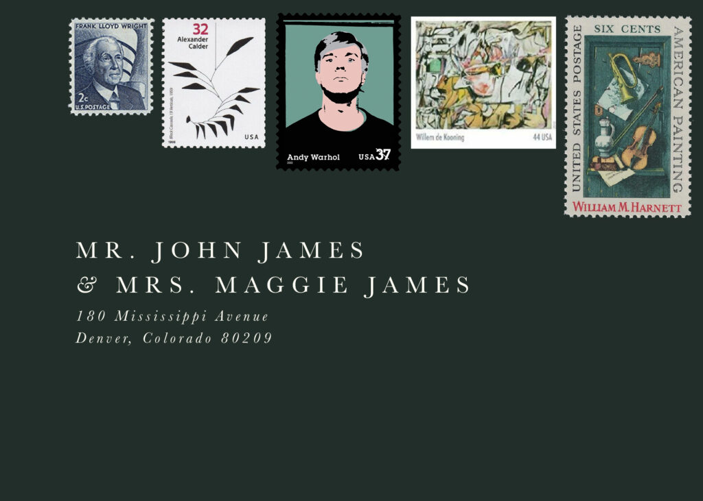 Wedding envelope with fine art vintage stamps