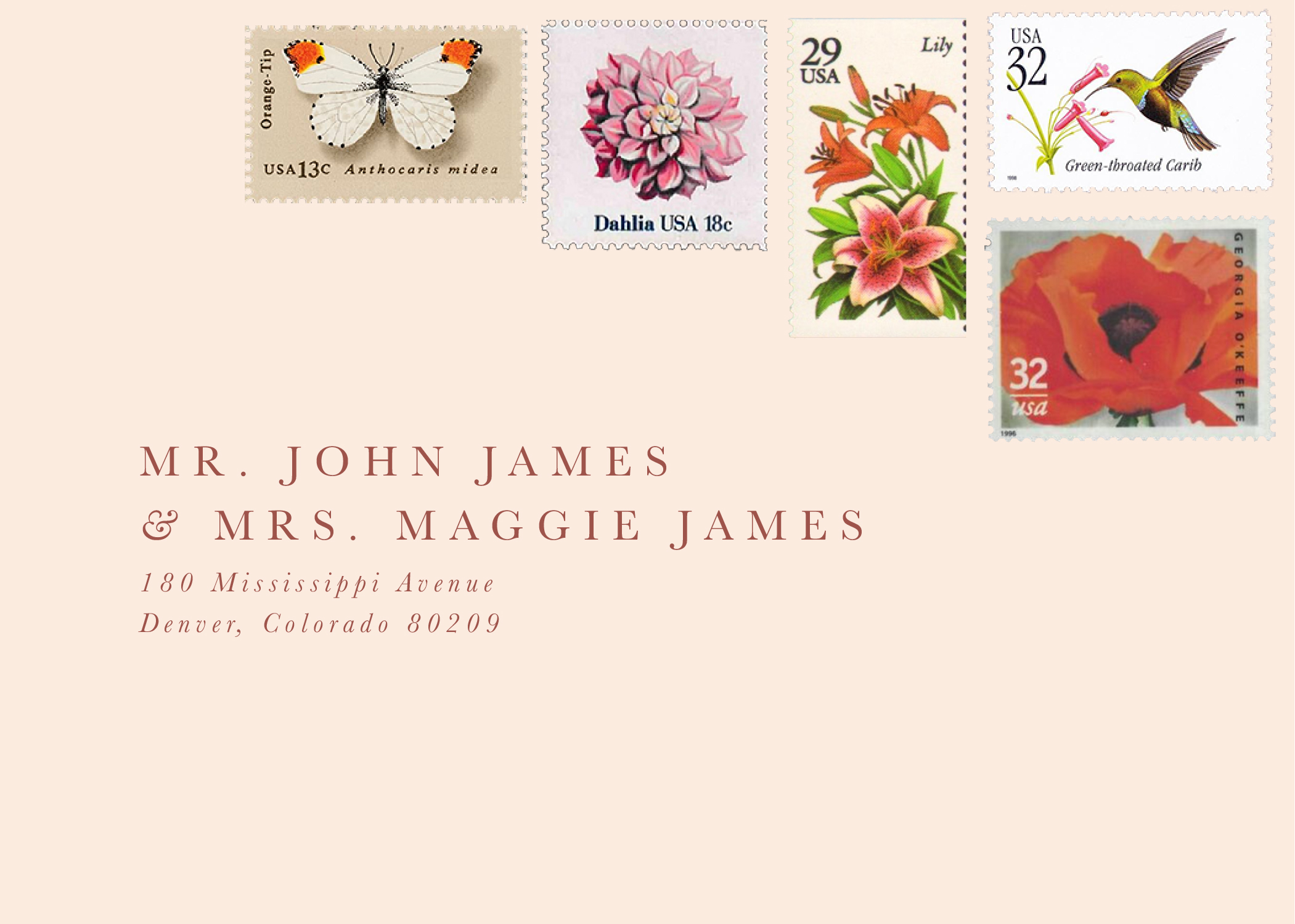 Garden, botanical, lush inspired wedding invitation vintage stamps