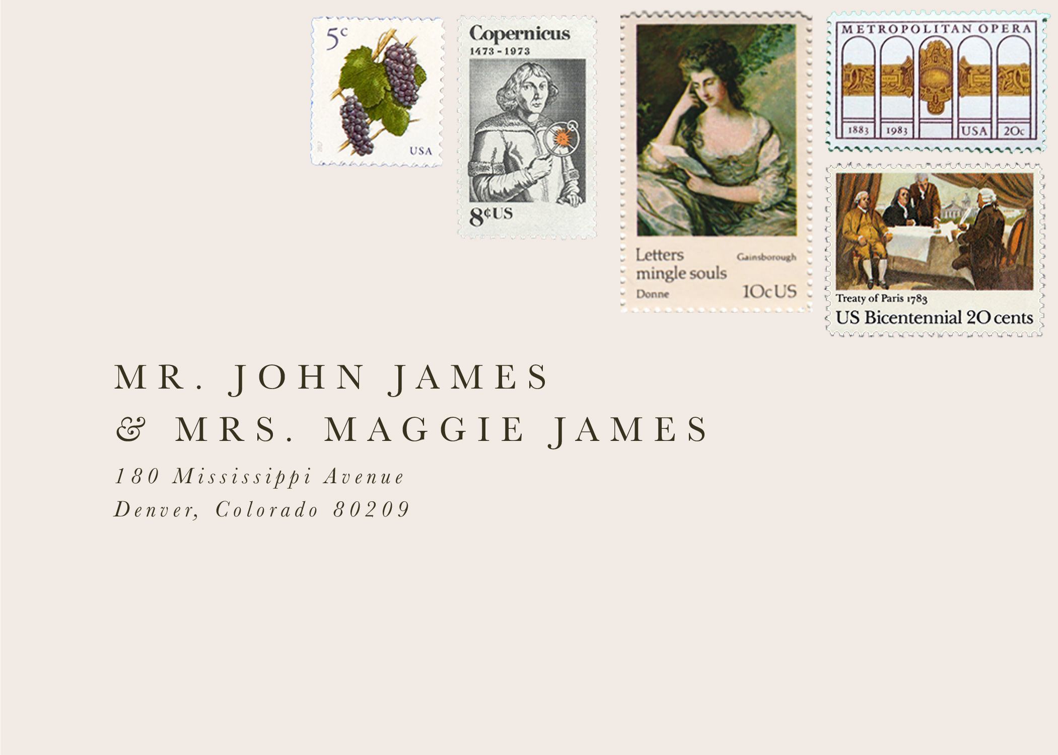 Wedding envelope with vintage stamps