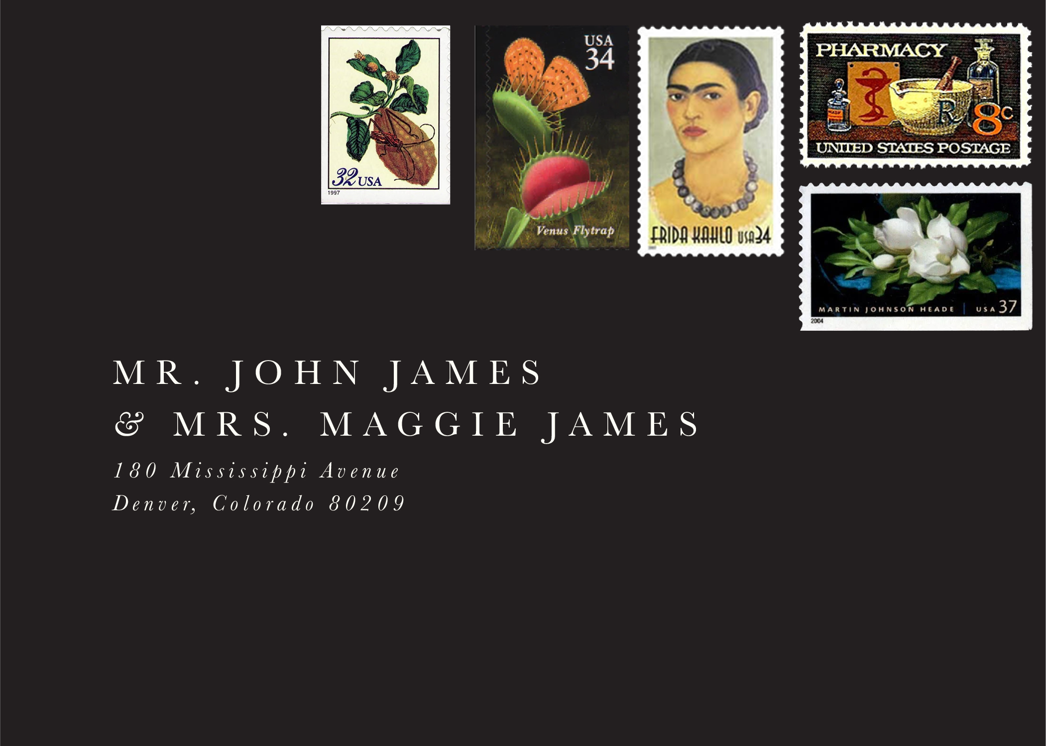 Weird, eclectic vintage stamp collection for funky wedding