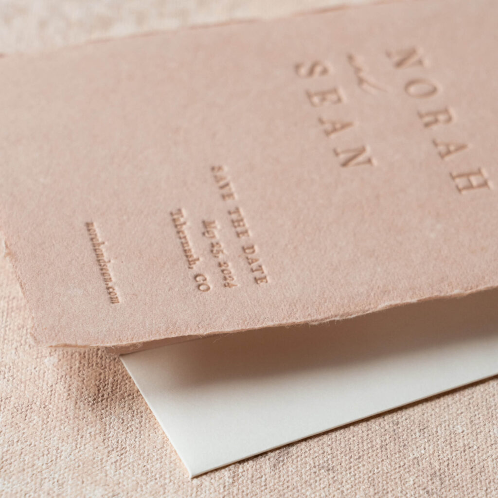 dusty peach handmade paper save the date cards with letterpress printing