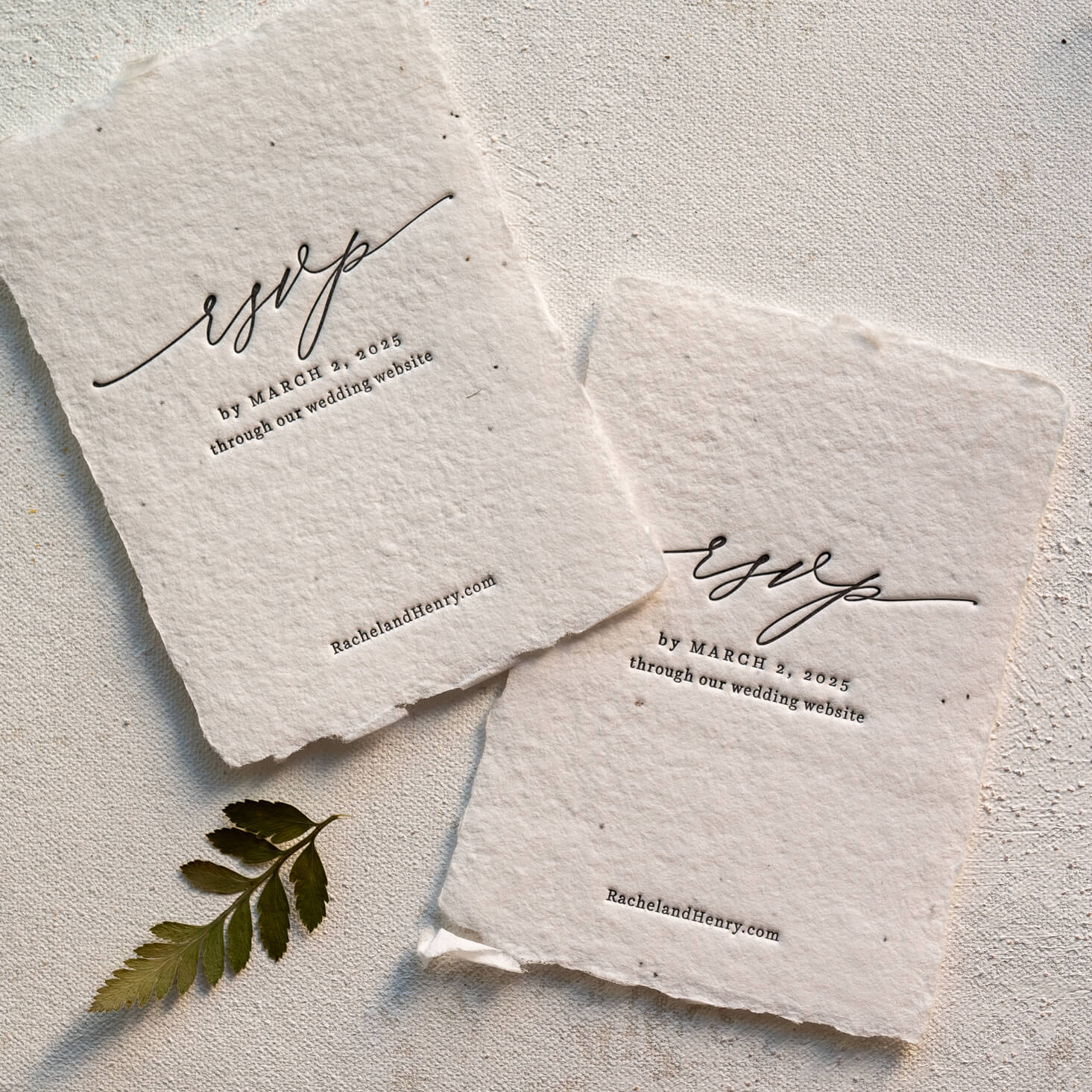 RSVP online cards letterpress printed on plantable handmade paper