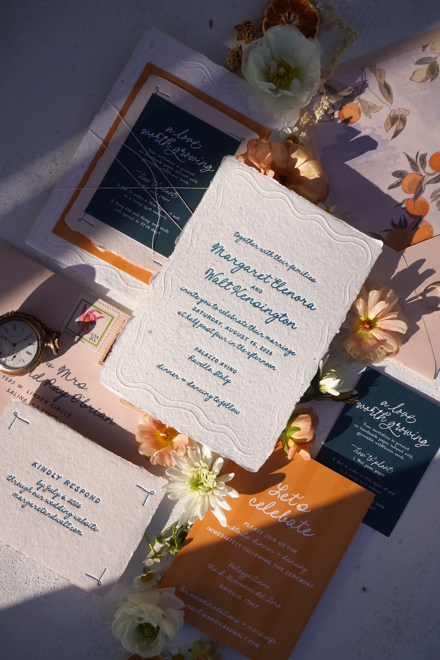 Italian inspired wedding invitations with bright, bold colors